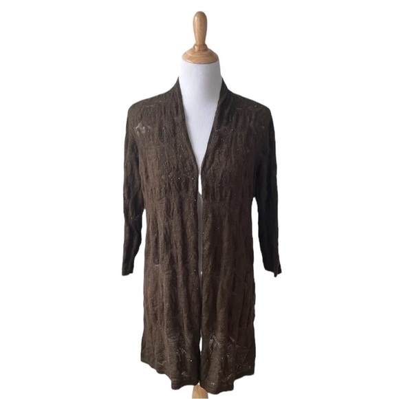 Eileen Fisher Brown Crystal Beaded Merino Wool Drape Front Cardigan Small - Picture 12 of 12